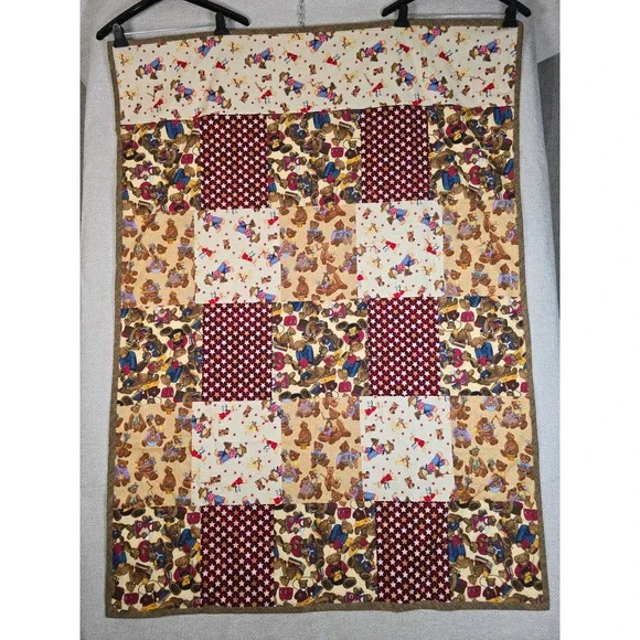 Vintage Teddy Bear‎ Patchwork Quilt Star Plaid Boho Retro Nursery Throw 44x61