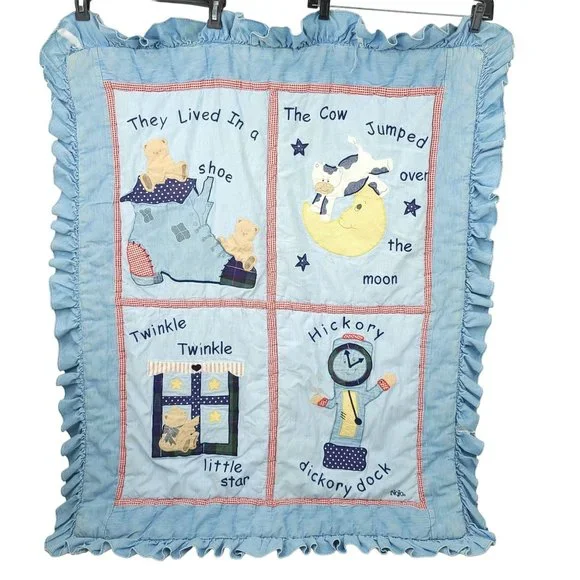 Vtg NoJo Baby Quilt Nursery Rhyme Shows Wear Baby Bedding Comforter Blanket Crib