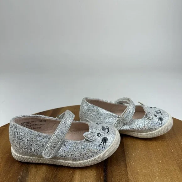 Little Kids Girls Harper Canyon Kitty Cat Silver Comfort Mary Jane Flats Size 6