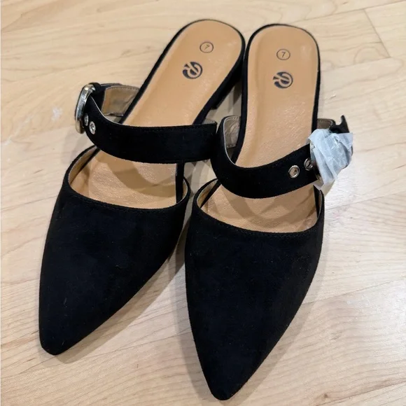 Amazon Black Pointed-Toe Suede Slingback Flats with Buckle