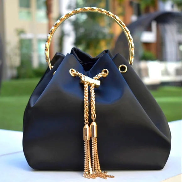 The Golden Tassel Women's Drawstring Black Satin Bucket Bag