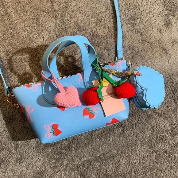 Juicy Couture Strawberry Bow Satchel Blue Crossbody Bag with Coin Purse New