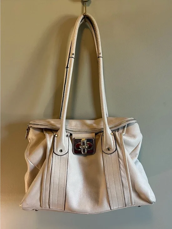 b. makowsky Cream Leather Satchel with Turn-Lock Hardware