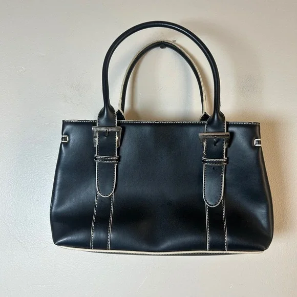 Black Faux Leather Satchel Handbag White Contrast Stitching Silver Buckle Accent