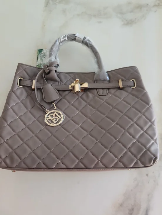 Badgley Mischka Quilted Taupe Satchel with Gold Hardware