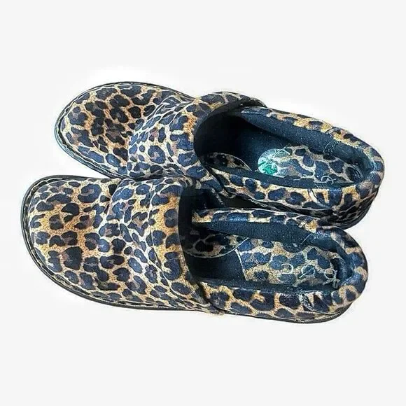 BOC Born Cheetah Leopard Leather Comfort Work Nurses Clogs Size 7.5