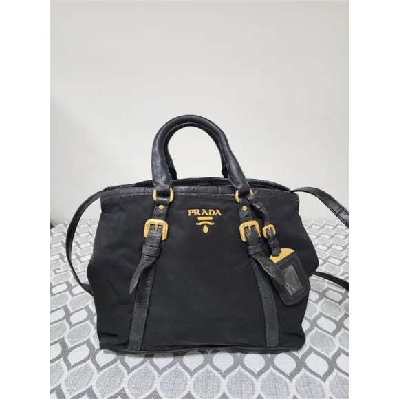 Authentic Prada Nylon and Leather Satchel Bag Black