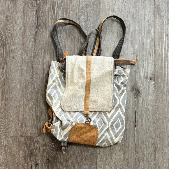 Myra Bag Artist's Impression Upcycled Canvas & Leather Backpack Purse S-1333 Bag