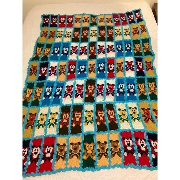 Rare Style Vintage Kids Knit Sweater Crocheted Bears Blanket Multicolored 42 x 6
