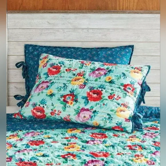 Pioneer Woman Sweet Romance Teal Floral Reversible Velvet King Sham Set of 2 NWT