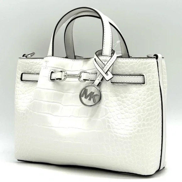 Michael Kors Carson Small Crocodile Embossed Satchel Bag Optic White