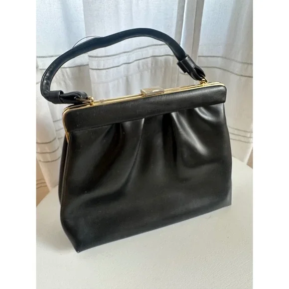 Vintage Black Faux Leather Top Handle Handbag Gold Frame Kiss Lock Mid Century