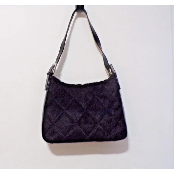 Saks 5th Avenue Velvet with Faux Leather Handbag Silver Accents Zipper Closure