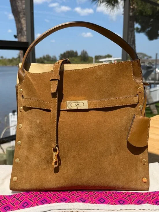 Tory Burch Lee Radziwill Suede Double Bag Coffee Brown Tobacco Leather