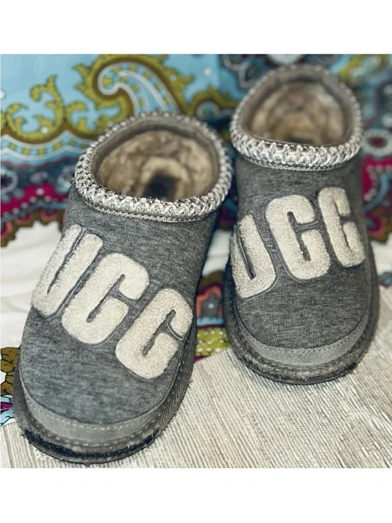 UGG Tasman Fur Jersey Cozy Slippers Gray Seal Logo Patch Moccasin Shoes Size 2