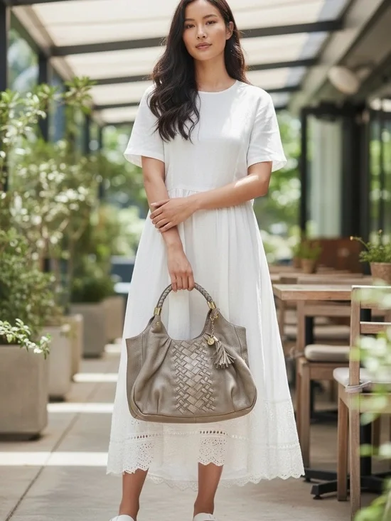Brahmin Dreamweaver Taupe Leather Satchel with Woven Patchwork & Braided Accent