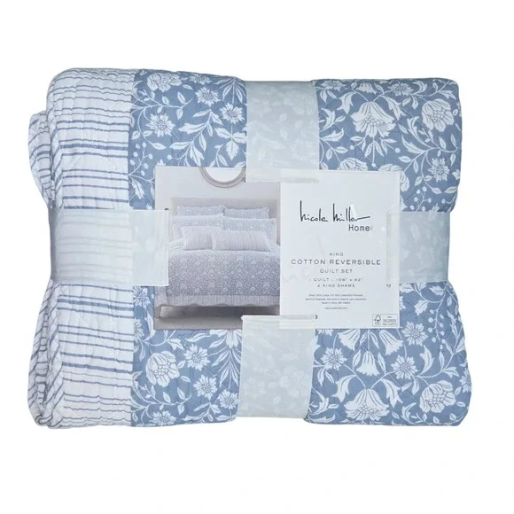 Nicole Miller Home Cotton King Quilt Set 3pc Reversible Floral Stripe Blue White