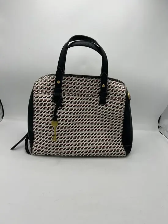 Fossil Satchel Handbag Leather Trim Key Charm Neutral Tote