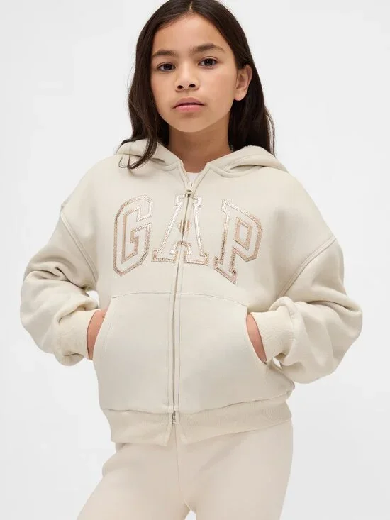 Gap Kids Cozy Sherpa Zip Hoodie Girls Youth M 8 Metallic Graphic Logo Ivory