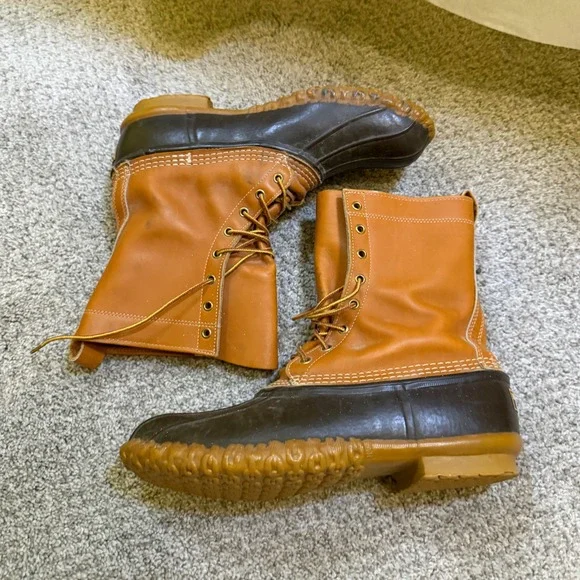LL Bean 8 Inch Bean Boots Mens 11 M Tan Brown Leather Rubber Duck Boots USA Made
