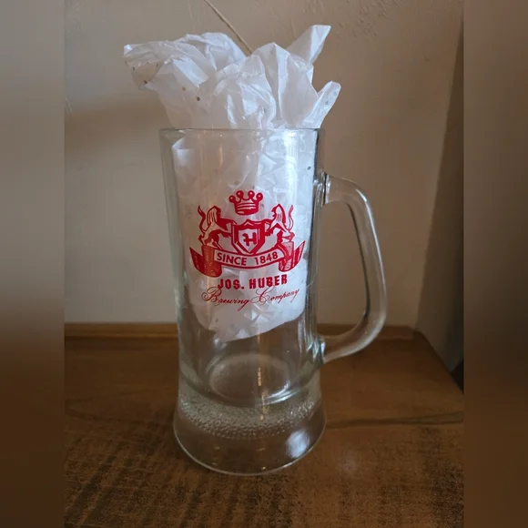 Vintage Huber Beer Heavy Glass Mug Advertising Jos. Huber Brewing Company Logo