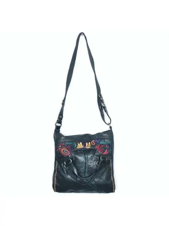 Lucky Brand Abbey Road Lambs Leather Embroidered Cross Body Tote Black