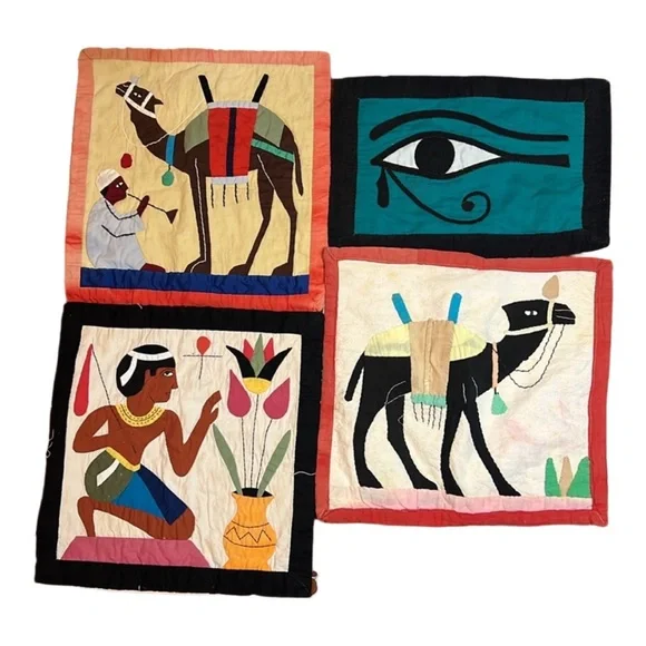 Egyptian Revival Tapestry Set of 3‎ Embroidered Patchwork Pillow Covers RARE