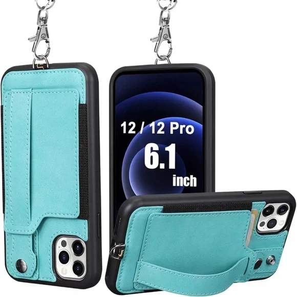 TOOVREN iPhone 12/12 Pro Case with Strap, with Card Holder Green