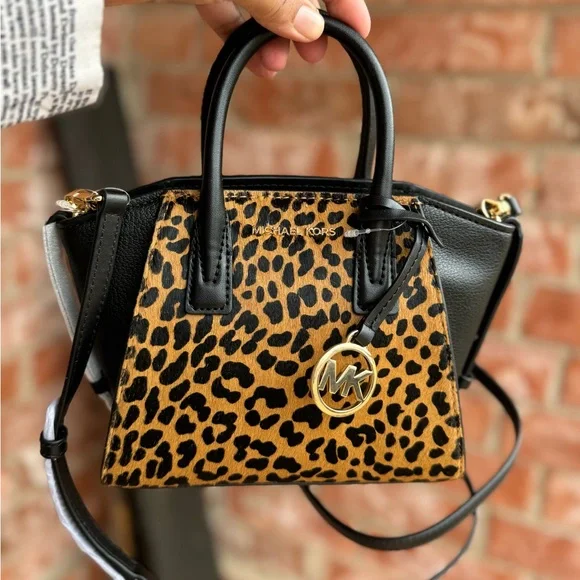 Michael Kors MINI Avril XS Cheetah Leather Satchel Crossbody Bag Black Multi