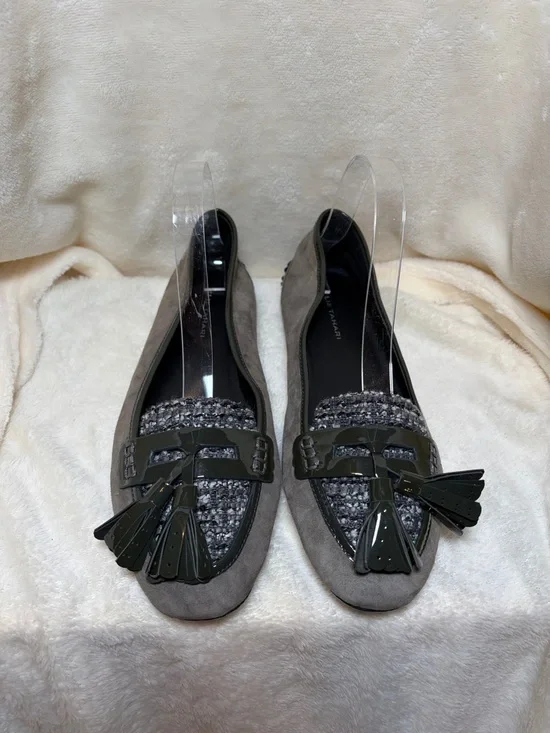 Elie Tahari Gray Suede Loafers with Tweed and Patent‎ Tassels
