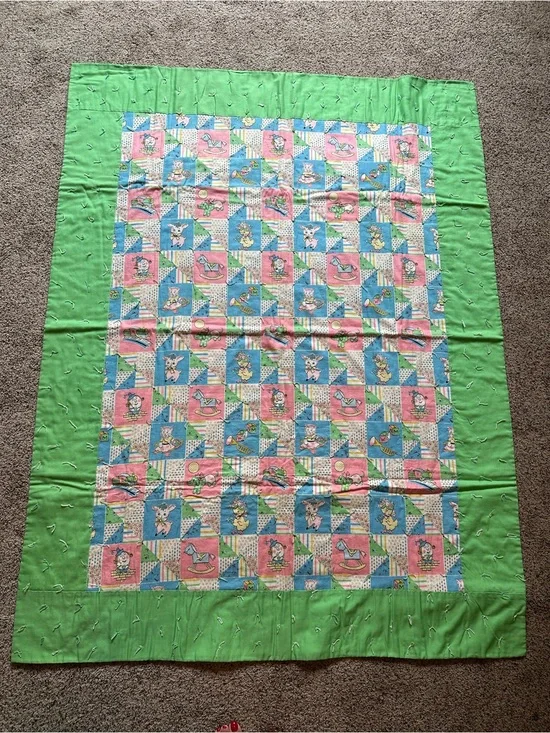 Vtg Baby Quilt Blanket 61.5” L  X 47” W Humpty Lamb Dog Train Doll Nursery Rhyme