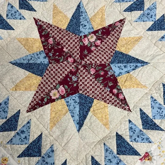 Vtg Hand Quilted‎ Star Quilt 80x82 Americana Farmhouse Cottage Cotton Bedspread