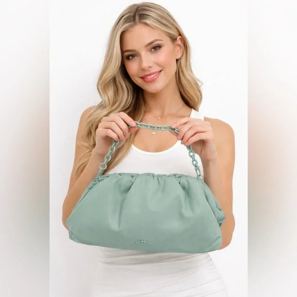 V°73 Sage Green Ruched Shoulder Bag with Chain Strap Soft Pebble Leather Purse