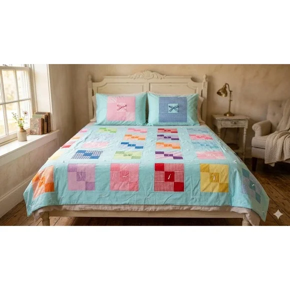 Handmade Vintage Patchwork Tied Quilt Gingham Floral Reverse 90x74 Full