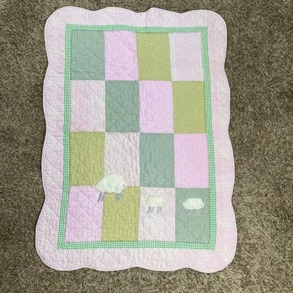 Baby Toddler Quilt Sheep Applique Pink Green Patchwork Gingham Nursery 50x35