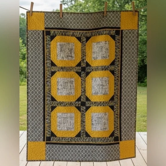Handmade Modern Yellow Black Quilt Throw 52x54 Lap Size‎