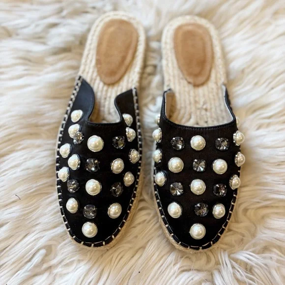 Vintage Havana Black Satin Naomi Rhinestone & Pearl Studded Espadrille Flats 8.5