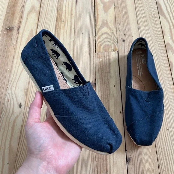 TOMS Navy Blue Canvas Alpargata Slip On Loafer Elephant Print Lining Womens 7.5