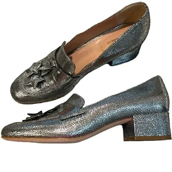 Alberta Ferretti Silver Metallic Loafers Star Tassel 8 IT38‎ Block Heel Italian