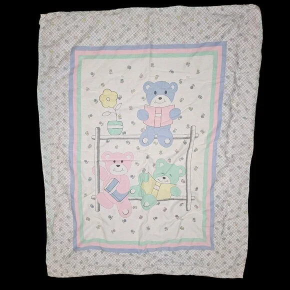 VTG 80s Hand Stitched Baby‎ Quilt Blanket Hearts Teddy Bears Reading Books