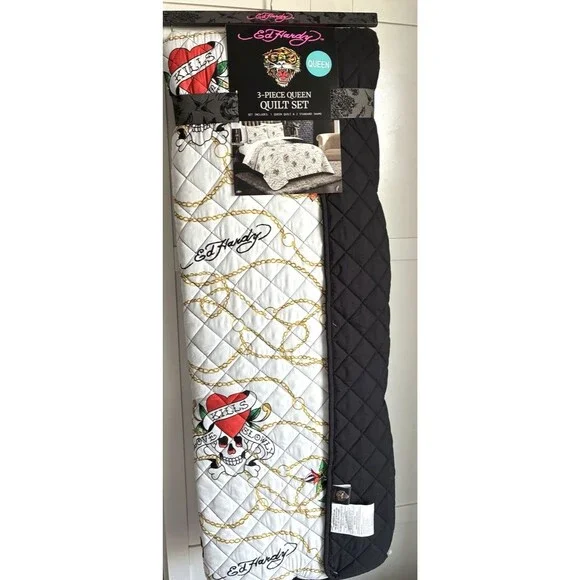 Ed Hardy Queen Quilt Set 3 Piece Queen Bedding Skull Heart Roses New