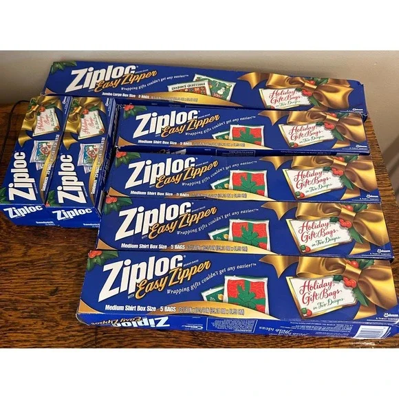 7 Vintage Ziploc Easy Zipper Holiday Christmas Gift Storage Bags Medium‎ & Jumbo