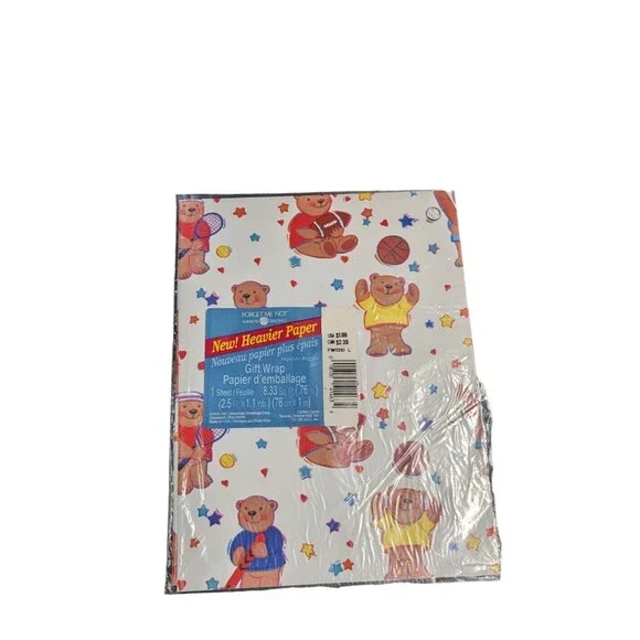 Vintage Forget Me Not Gift Wrap Paper Bears Sports Kids 2.5 Ft x 1.1 Yd Ephemera