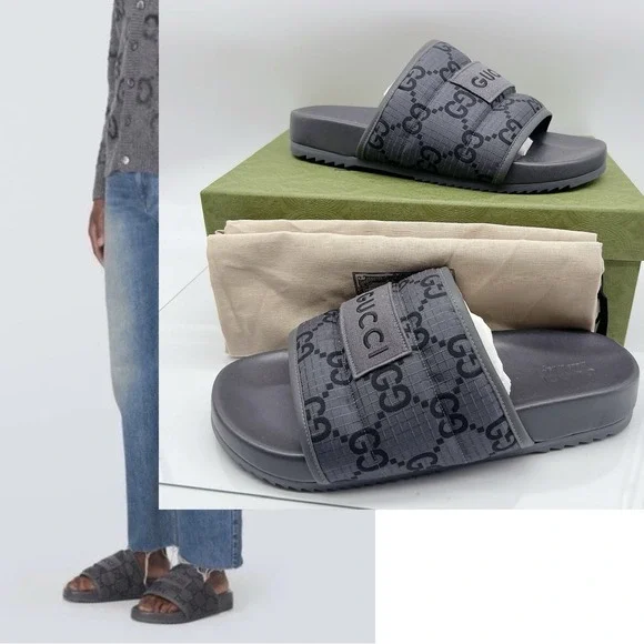 GUCCI Mens GG LOGO Ripstop Monogram Gray Slides Sandals 771466 Men UK 12 US 12.5