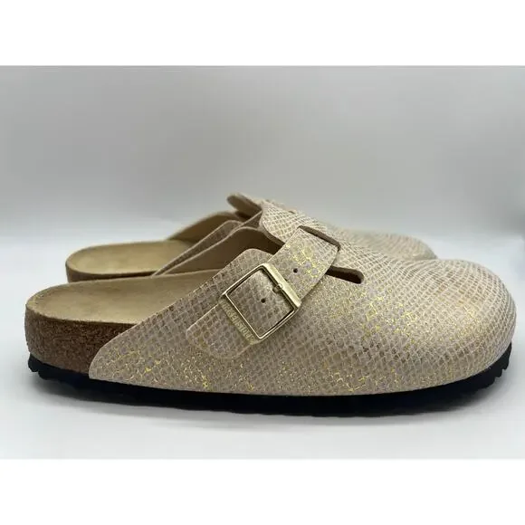 Birkenstock Boston Clogs Men's Size 10 Shiny Gold Python Eggshell New