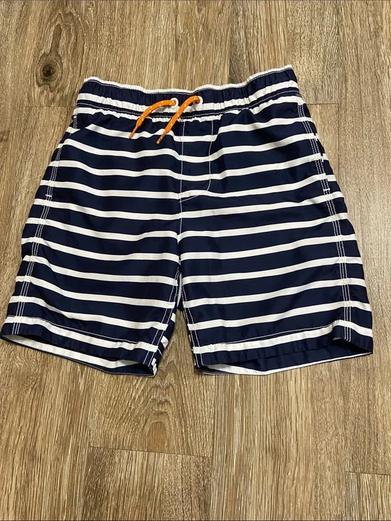 GAP Navy and White Striped Kids Swim Trunks with Orange Drawstring