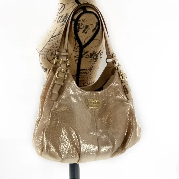 Coach Madison Embossed Gold/Tan Metallic Leather Maggie Shoulder Bag Satchel