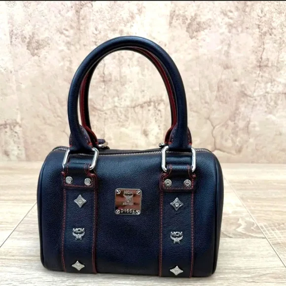 MCM RARE small Boston blk w/red stitching Bag w/coa & mcm card of authenticity
