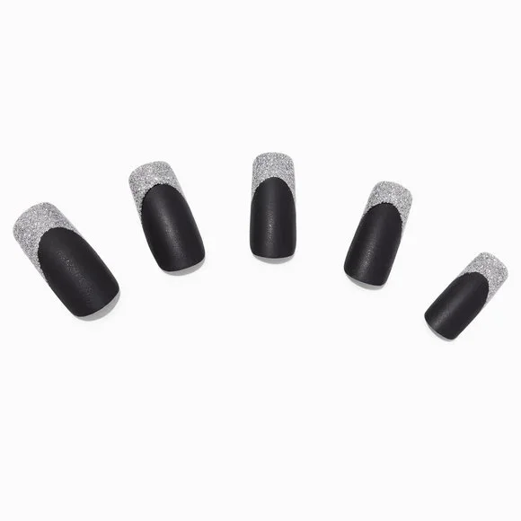 NEW SILVER GLITTER TIP BLACK LONG SQUARE VEGAN FAUX NAIL SET - 24 PACK