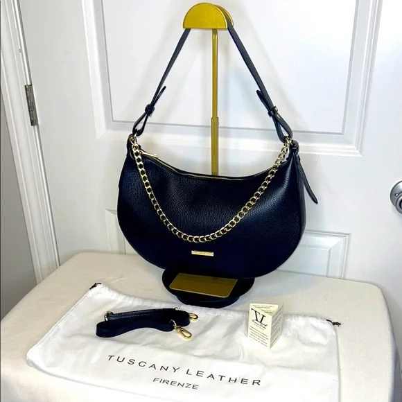 Tuscany Leather Handmade in Italy, Black and Gold Satchel with Dust Bag & COA